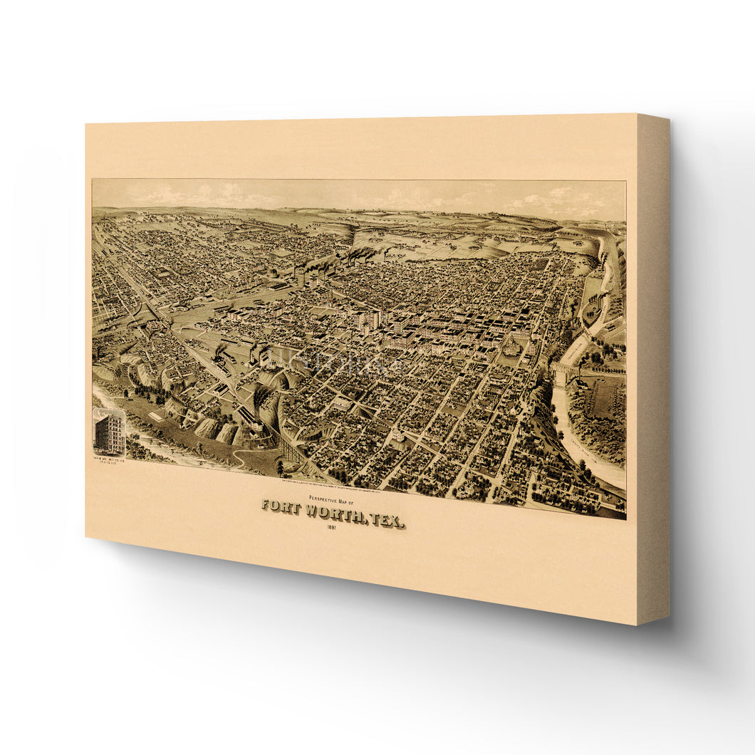 Digitally Restored and Enhanced 1891 Fort Worth Map Canvas - Canvas Wrap Vintage Fort Worth Texas Map - Old Fort Worth Wall Art - Fort Worth City TX Map History - Perspective Map of Fort Worth Poster