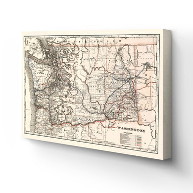 Digitally Restored and Enhanced 1888 Washington Map Canvas - Canvas Wrap Vintage Washington Wall Art - Old Washington State Poster - Restored WA State Map - Township & Railroad Map of Washington State