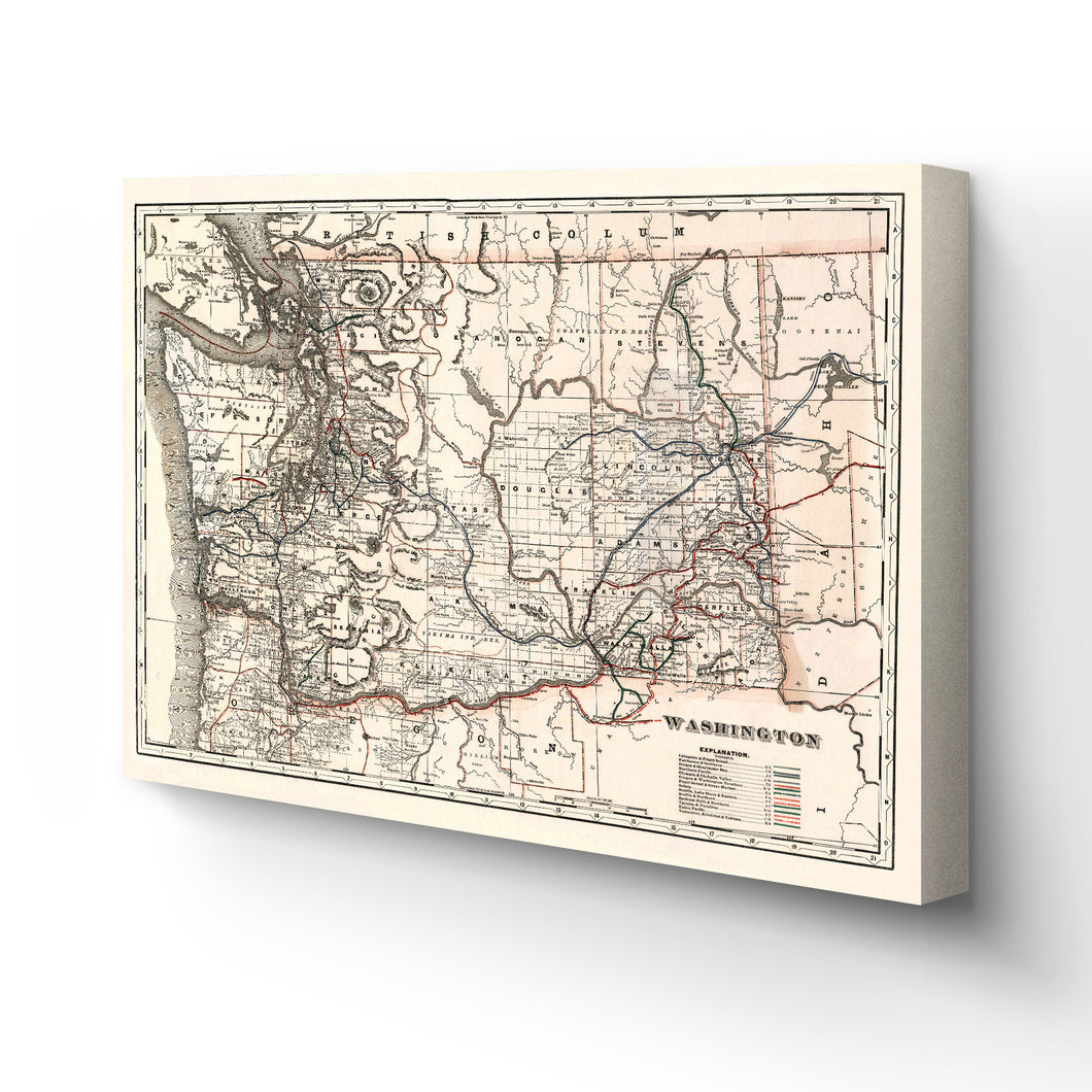 Digitally Restored and Enhanced 1888 Washington Map Canvas - Canvas Wrap Vintage Washington Wall Art - Old Washington State Poster - Restored WA State Map - Township & Railroad Map of Washington State