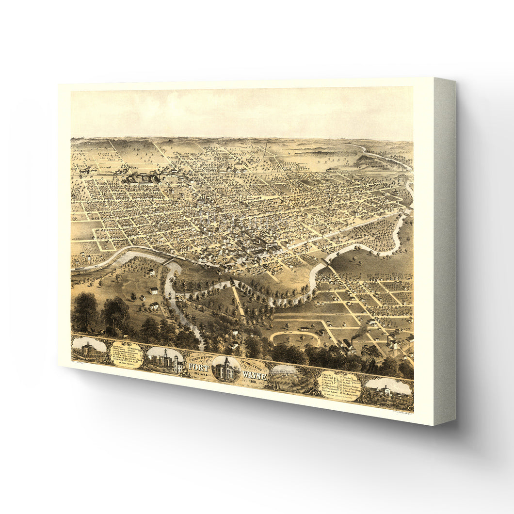 Digitally Restored and Enhanced 1868 Fort Wayne Map Canvas Art - Canvas Wrap Vintage Fort Wayne Map of Indiana - Historic Bird's Eye View of Fort Wayne Indiana Map Wall Art Poster