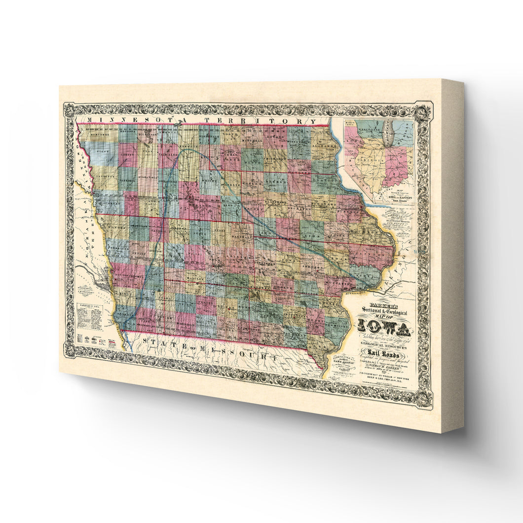Digitally Restored and Enhanced 1856 Iowa Map Canvas Art - Canvas Wrap Vintage State of Iowa Wall Art - Old Iowa State Map - Restored Iowa Map Poster - Sectional & Geological Map of Iowa Poster