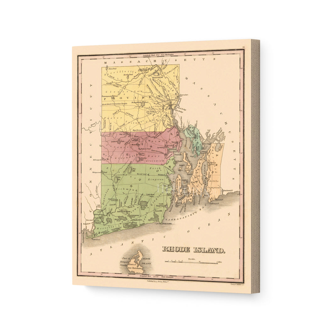 Digitally Restored and Enhanced 1829 Rhode Island State Map Canvas Art - Canvas Wrap Vintage Rhode Island Wall Art - Old Rhode Island Poster - Historic RI Map - Restored Map of Rhode Island Print