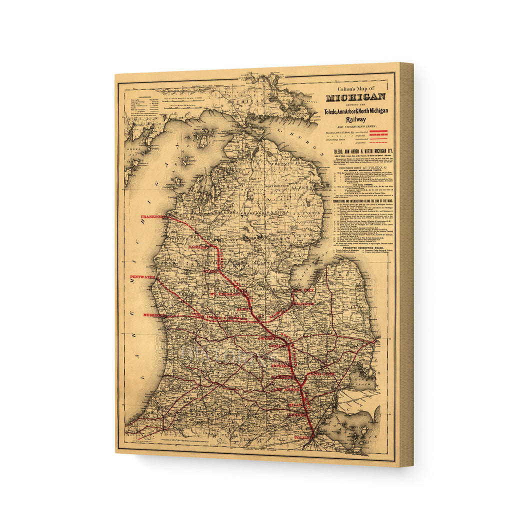 Digitally Restored and Enhanced 1886 Michigan Map Poster Canvas Art - Canvas Wrap Vintage Map of Michigan Wall Art - Old State of Michigan Map Print - Vintage Michigan Map Showing Toledo & Ann Arbor