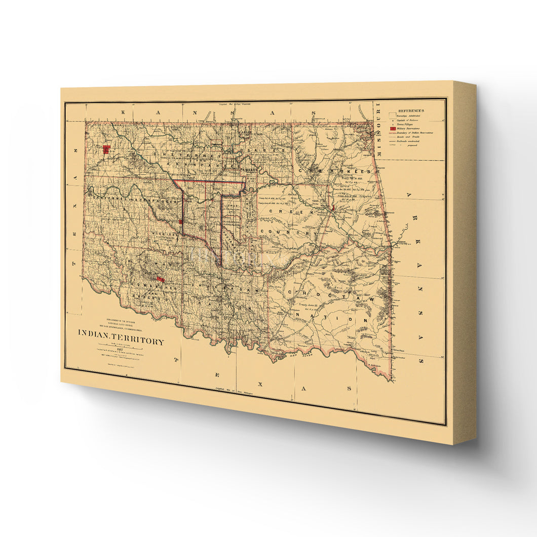 Digitally Restored and Enhanced 1887 Indian Territory Map Canvas Art - Canvas Wrap Vintage Oklahoma Map Poster - Old Map of Oklahoma Wall Art - Indian Territory Map Compiled From The Official Records