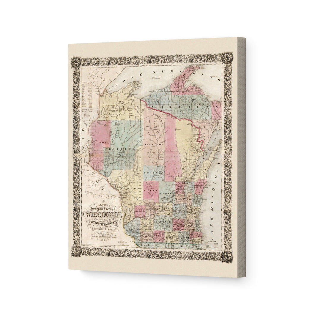 Digitally Restored and Enhanced 1851 Wisconsin Map Canvas - Canvas Wrap Vintage Wisconsin Map - Old Wisconsin Wall Art - Historic Wisconsin State Map - Township Map of the State of Wisconsin Wall Map