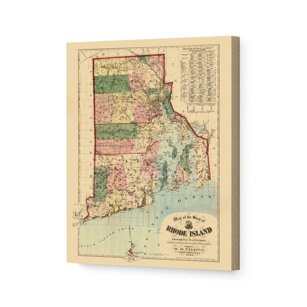 Digitally Restored and Enhanced 1880 Rhode Island State Map Canvas Art - Canvas Wrap Vintage Rhode Island Poster - Old Rhode Island Wall Art - Map of Rhode Island Print & Providence Plantations