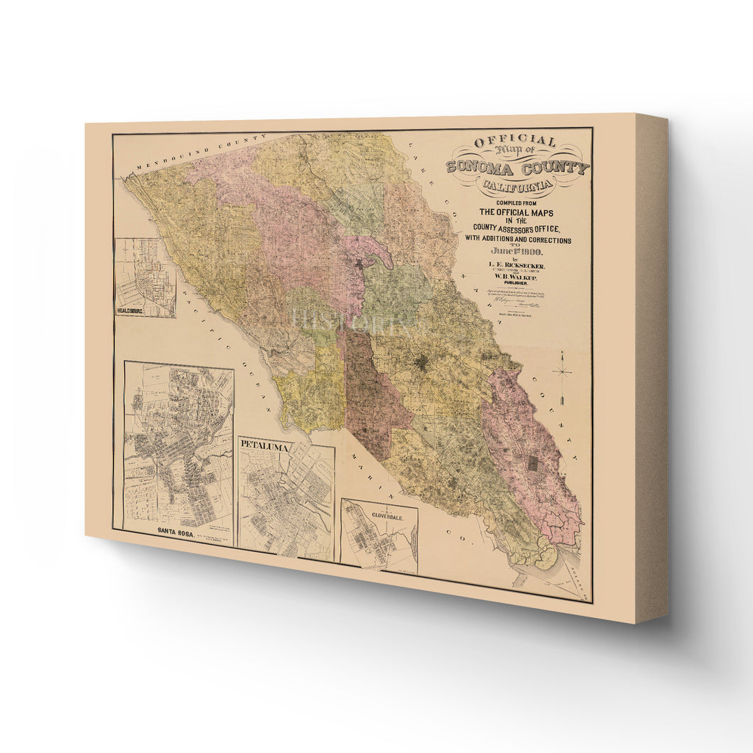 Digitally Restored and Enhanced 1900 Sonoma California Map Canvas - Canvas Wrap Vintage Sonoma CA Map Poster - Old Sonoma County California Wall Map 