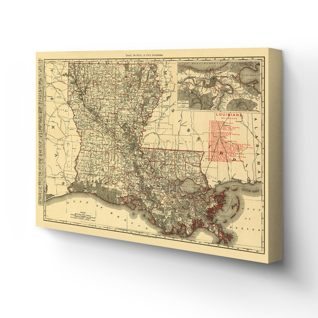 Digitally Restored and Enhanced - 1896 Louisiana Map Canvas Art - Canvas Wrap Vintage Louisiana Map Poster - Restored Louisiana Wall Art Print - Old Louisiana State Map Poster Showing Cities & Towns