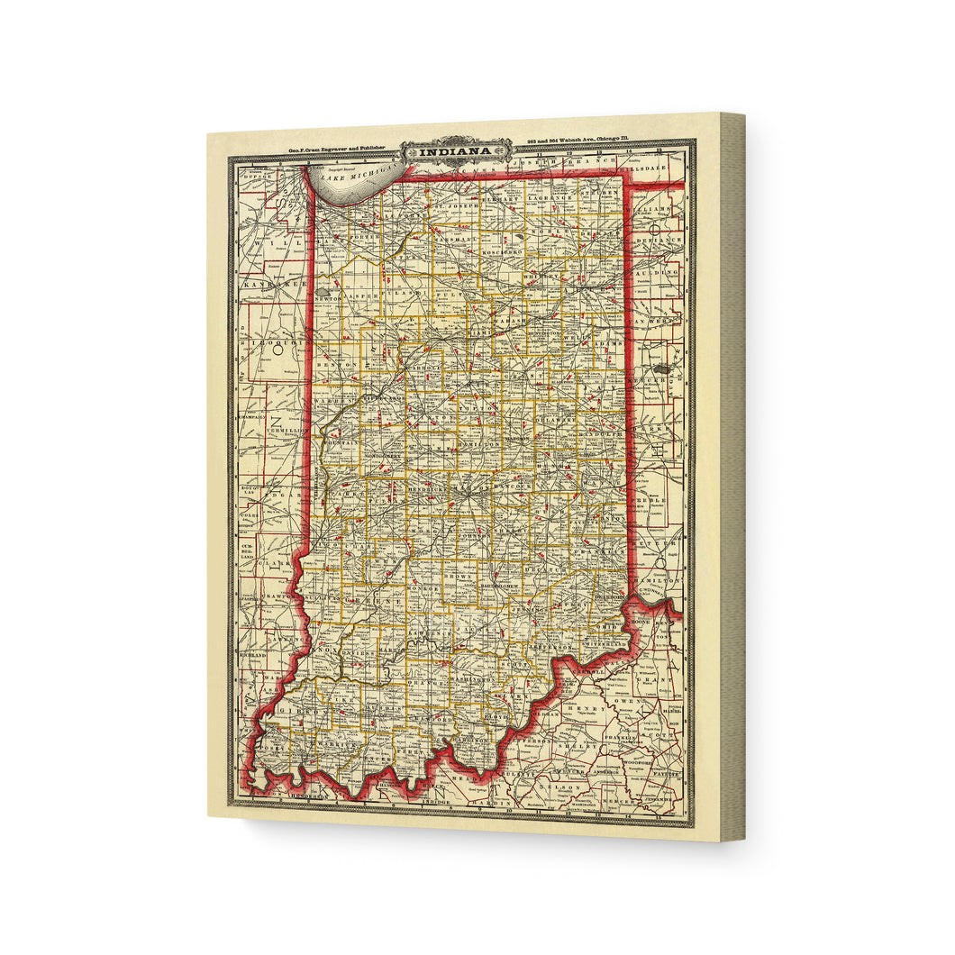 Digitally Restored and Enhanced 1888 Indiana Map Poster Canvas Art - Canvas Wrap Vintage Map of Indiana Wall Art - Old Indiana State Map Print - Restored Township & Rail Road Map of Indiana State