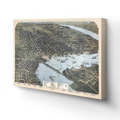 Digitally Restored and Enhanced 1893 Jacksonville Florida Map Canvas - Canvas Wrap Vintage Jacksonville Wall Art - Old Map of Jacksonville Florida - Bird's Eye View History Map of Jacksonville FL