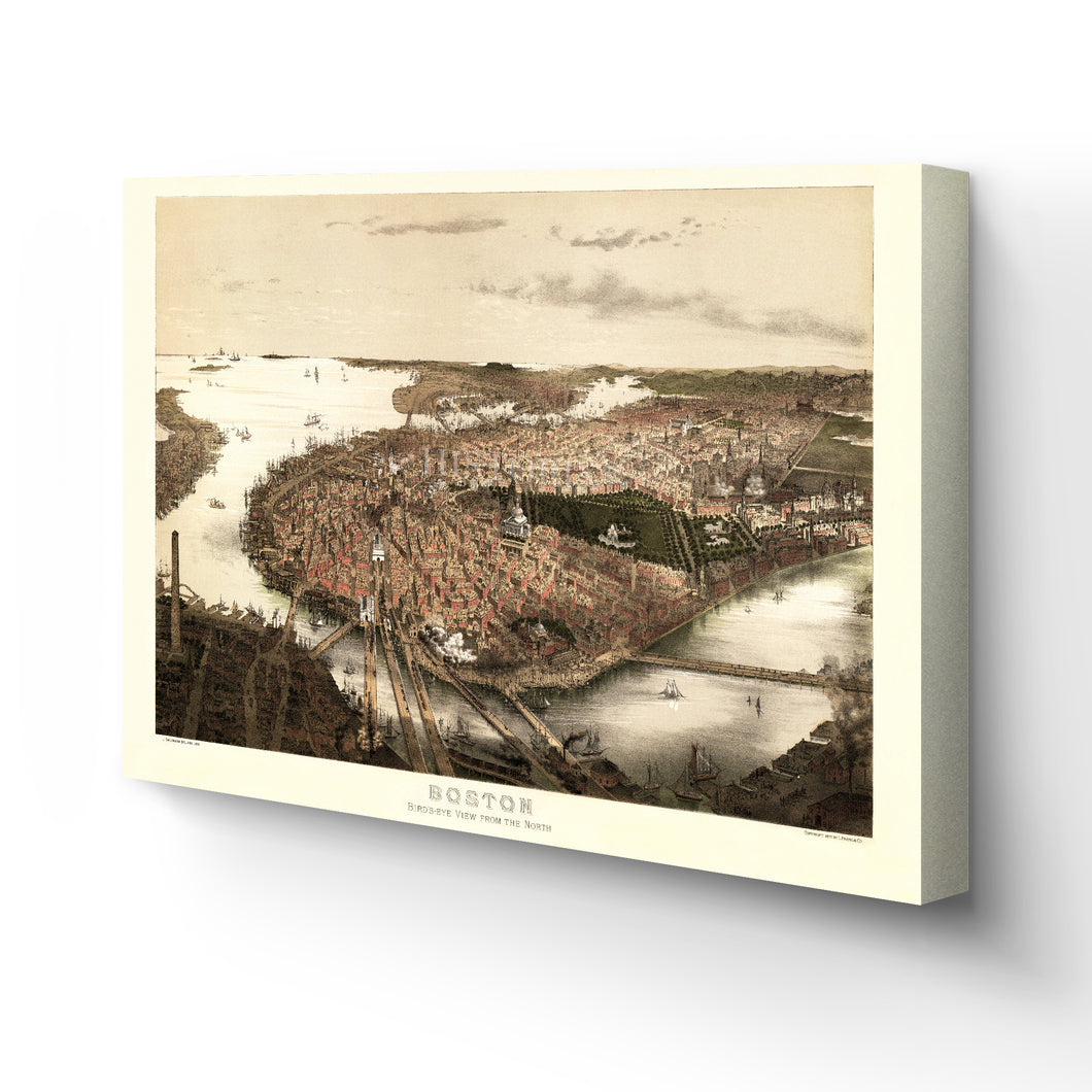 Digitally Restored and Enhanced 1877 Boston Canvas Art -Canvas Wrap Vintage Boston Poster - Old Map of Boston Wall Art - Restored Boston Massachusetts Map - Bird's Eye View of Boston From The North