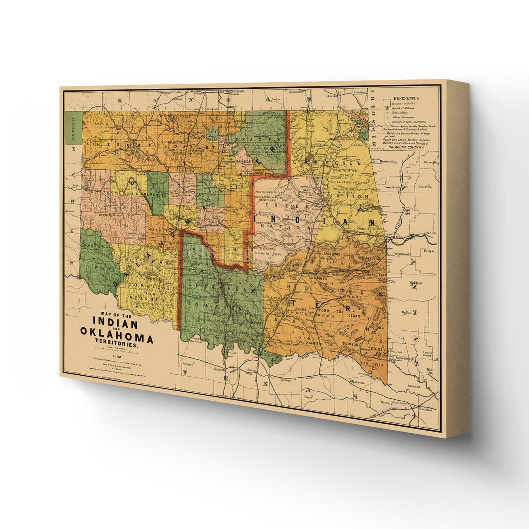 Digitally Restored and Enhanced 1892 Indian & Oklahoma Territory Map Canvas Art - Canvas Wrap Vintage Oklahoma Map Poster - Old Oklahoma Wall Art - Indian Territory Map & Oklahoma State Poster Map