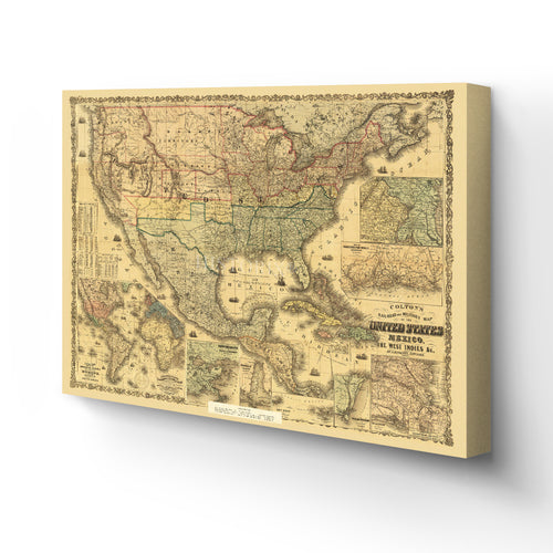 Digitally Restored and Enhanced 1862 United States Map Canvas Art - Canvas Wrap Vintage Map of United States Wall Art - Colton's Railroad & Military Map of the United States Mexico West Indies