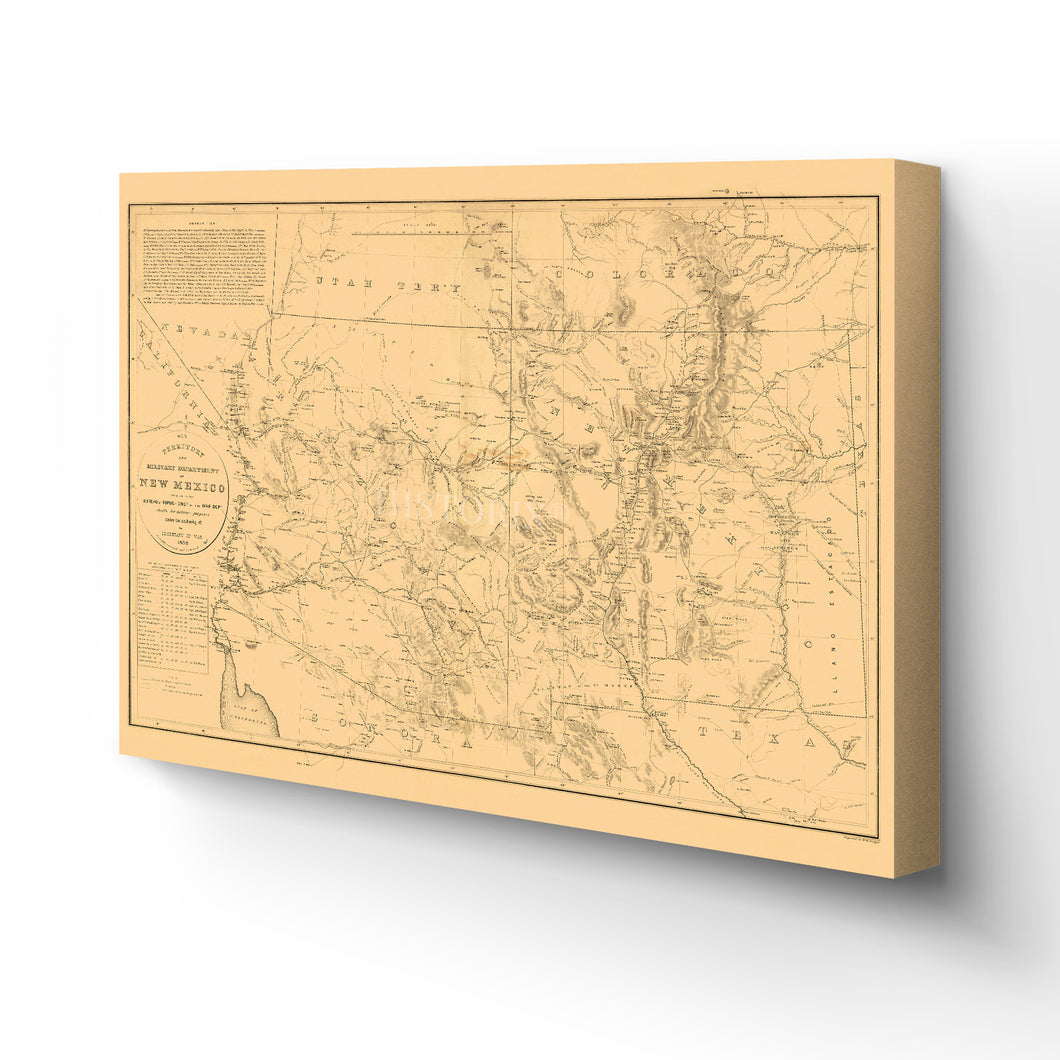 Digitally Restored and Enhanced 1867 New Mexico Map Canvas - Canvas Wrap Vintage New Mexico Map Poster- Old New Mexico Wall Art - Old Territory and Military Department of New Mexico Wall Map