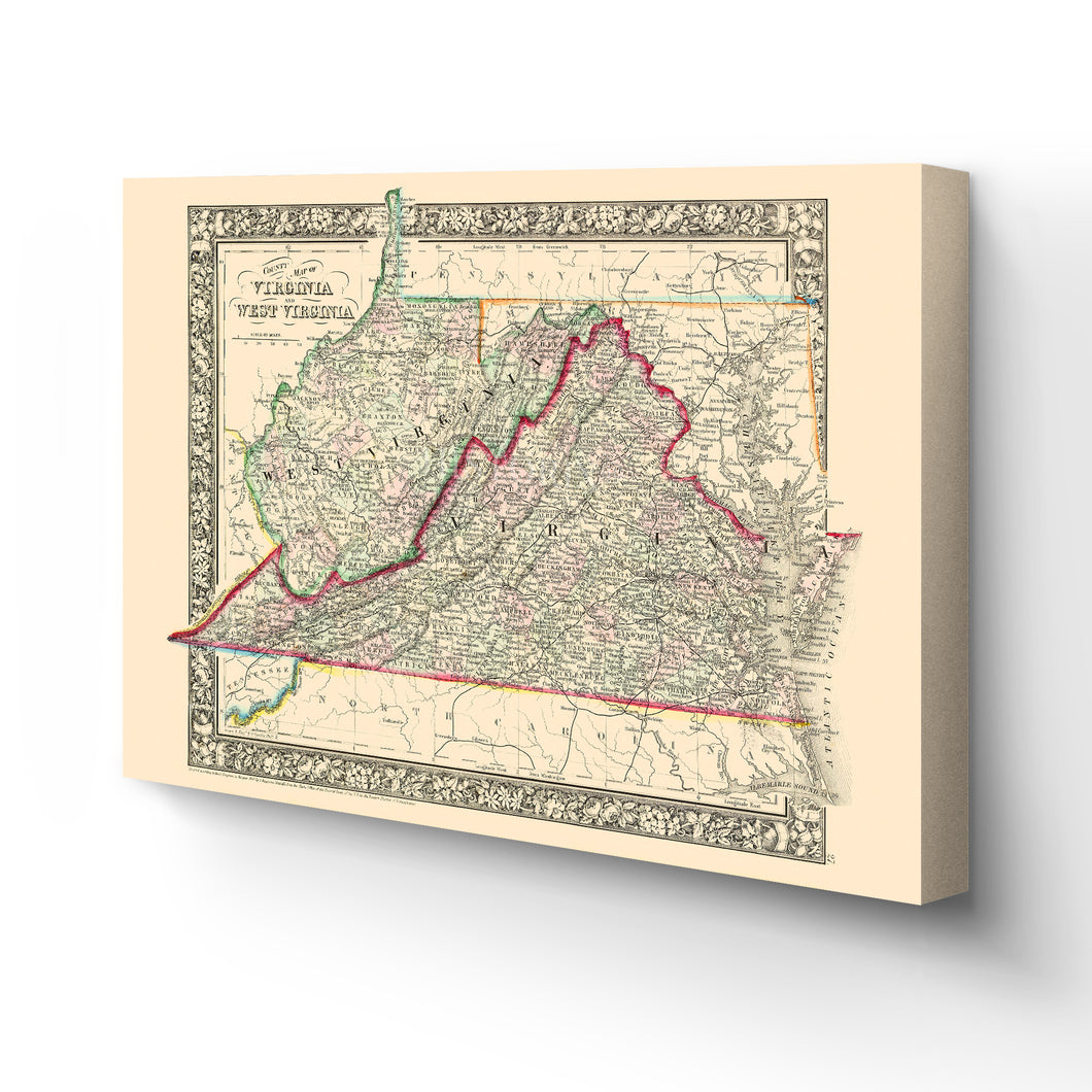 Digitally Restored and Enhanced 1863 Virginia & West Virginia Map Canvas - Canvas Wrap Vintage Virginia Wall Map History - Old West Virginia Wall Art