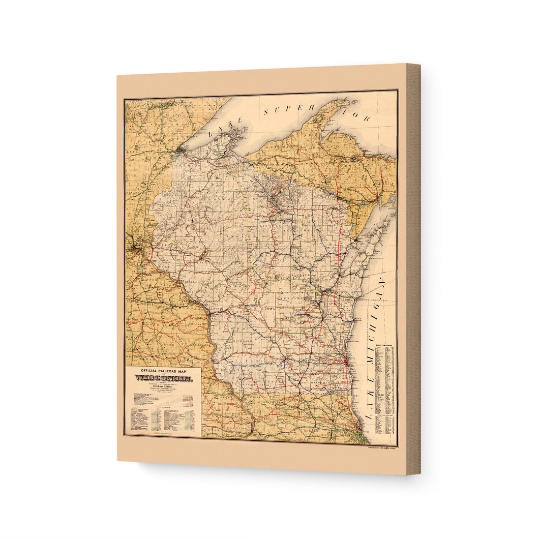 Digitally Restored and Enhanced 1900 Wisconsin Map Canvas Art - Canvas Wrap Vintage Wisconsin Wall Art - Railroad History Map of Wisconsin Poster
