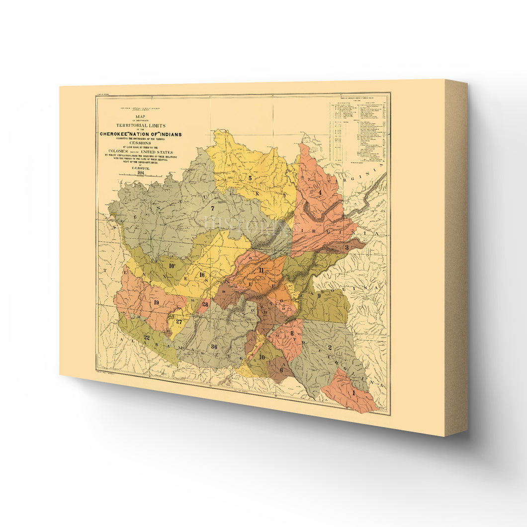 Digitally Restored and Enhanced 1884 Cherokee Nation Map Canvas - Canvas Wrap Vintage Oklahoma Map - Old Map of Indian Tribes - Cherokee Nation History Map - Historic Cherokee Nation Wall Art