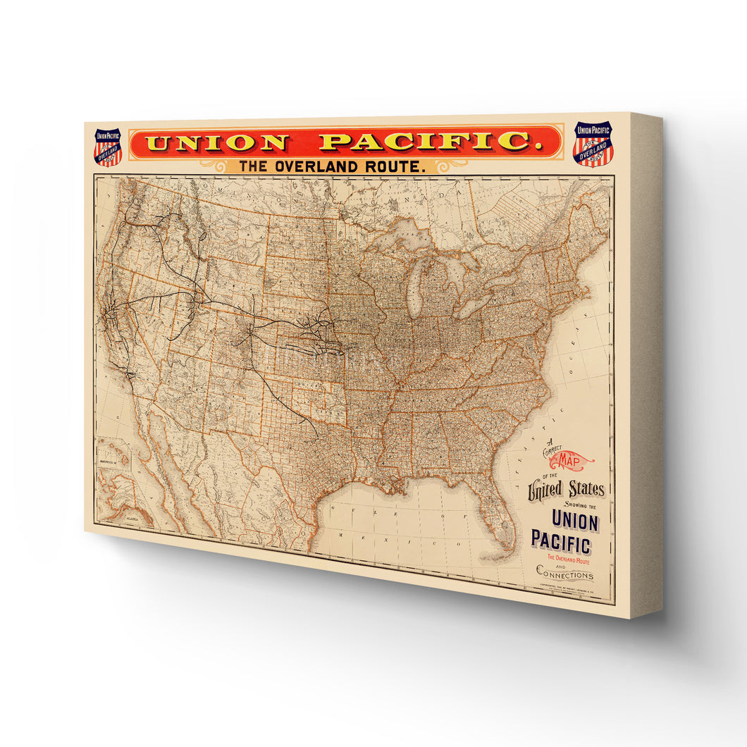 1892 United States Map Canvas Art  - Canvas Wrap Vintage USA Map - History Map of the United States Union Pacific Wall Art Poster Print