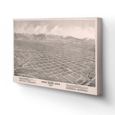 Digitally Restored and Enhanced 1875 Utah Map Canvas - Canvas Wrap Vintage Salt Lake City Map - Old Utah Wall Art - Historic Utah Poster - Restored Bird's Eye View of Salt Lake City Utah Wall Map