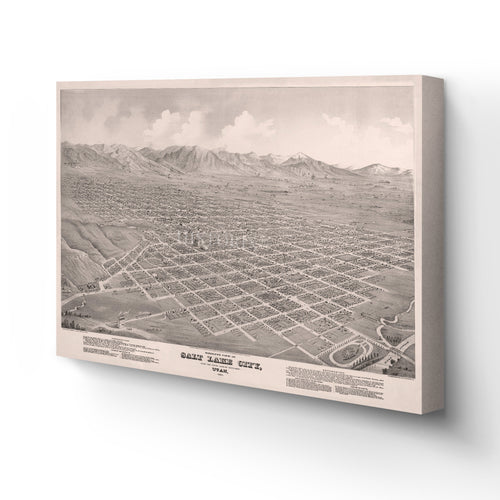 Digitally Restored and Enhanced 1875 Utah Map Canvas - Canvas Wrap Vintage Salt Lake City Map - Old Utah Wall Art - Historic Utah Poster - Restored Bird's Eye View of Salt Lake City Utah Wall Map