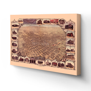 Digitally Restored and Enhanced 1901 San Jose California Map Canvas - Canvas Wrap Vintage San Jose Wall Art - Old San Jose Poster - History Map of San Jose CA - Bird's Eye View of San Jose CA Map