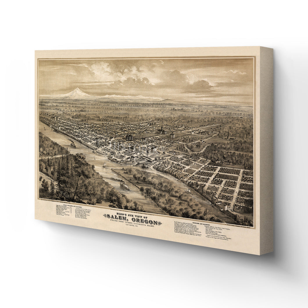 Digitally Restored and Enhanced 1876 Salem Oregon Map Canvas - Canvas Wrap Vintage Map of Oregon Poster - Old State of Oregon Map Wall Art - Bird's Eye View of Salem Oregon From The West Looking East