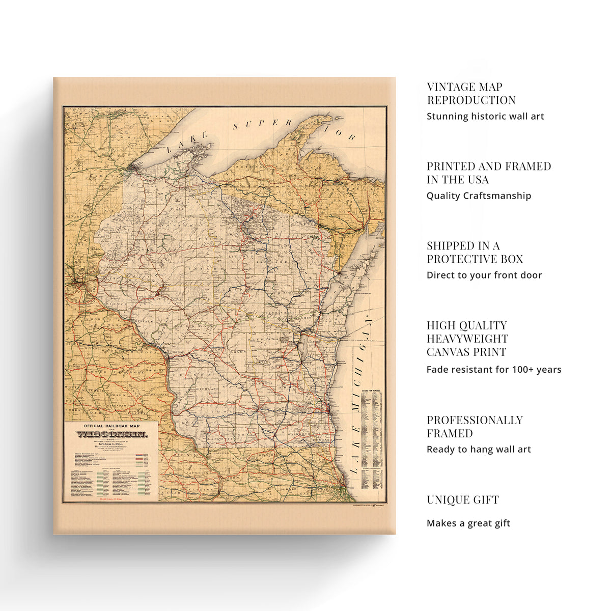 1900 Official Railroad Map of Wisconsin State Canvas Wall Art ...