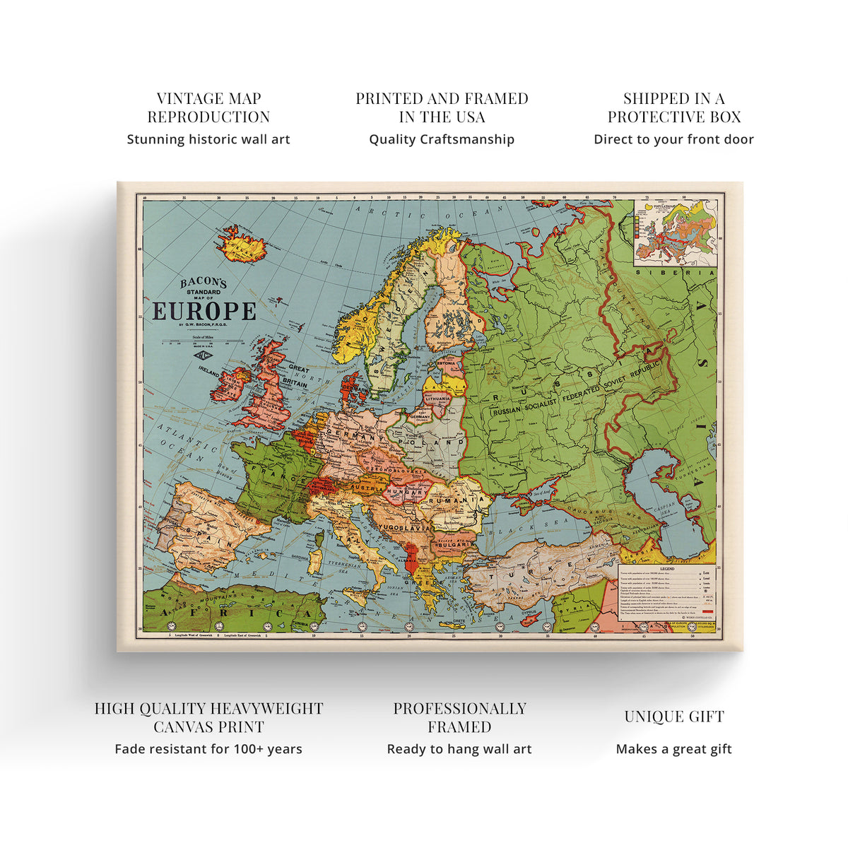 European Map 1925 1925 Standard Map of Europe with Time Zones Canvas Wall Art – Historic ...