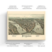 Load image into Gallery viewer, Digitally Restored and Enhanced 1902 Pittsburgh Map Canvas - Canvas Wrap Vintage Pittsburgh Map - Old Pittsburgh Wall Art - Restored Pennsylvania Map - Bird&#39;s Eye View Map of Pittsburgh Pennsylvania
