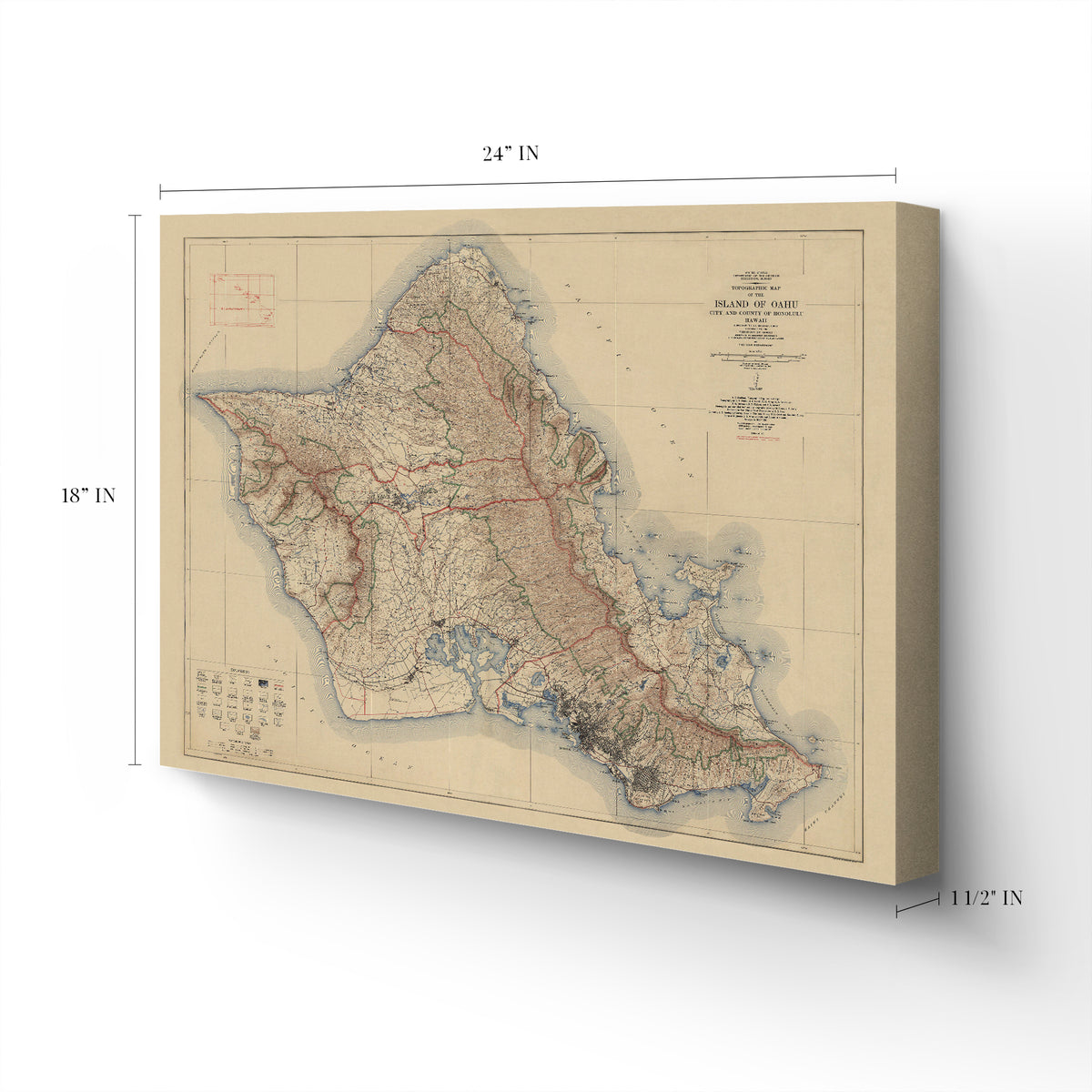 1938 Topographic Map of Oahu Honolulu Hawaii Map Canvas Wall Art ...