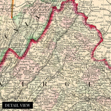 Load image into Gallery viewer, Digitally Restored and Enhanced 1863 Virginia &amp; West Virginia Map Canvas - Canvas Wrap Vintage Virginia Wall Map History - Old West Virginia Wall Art
