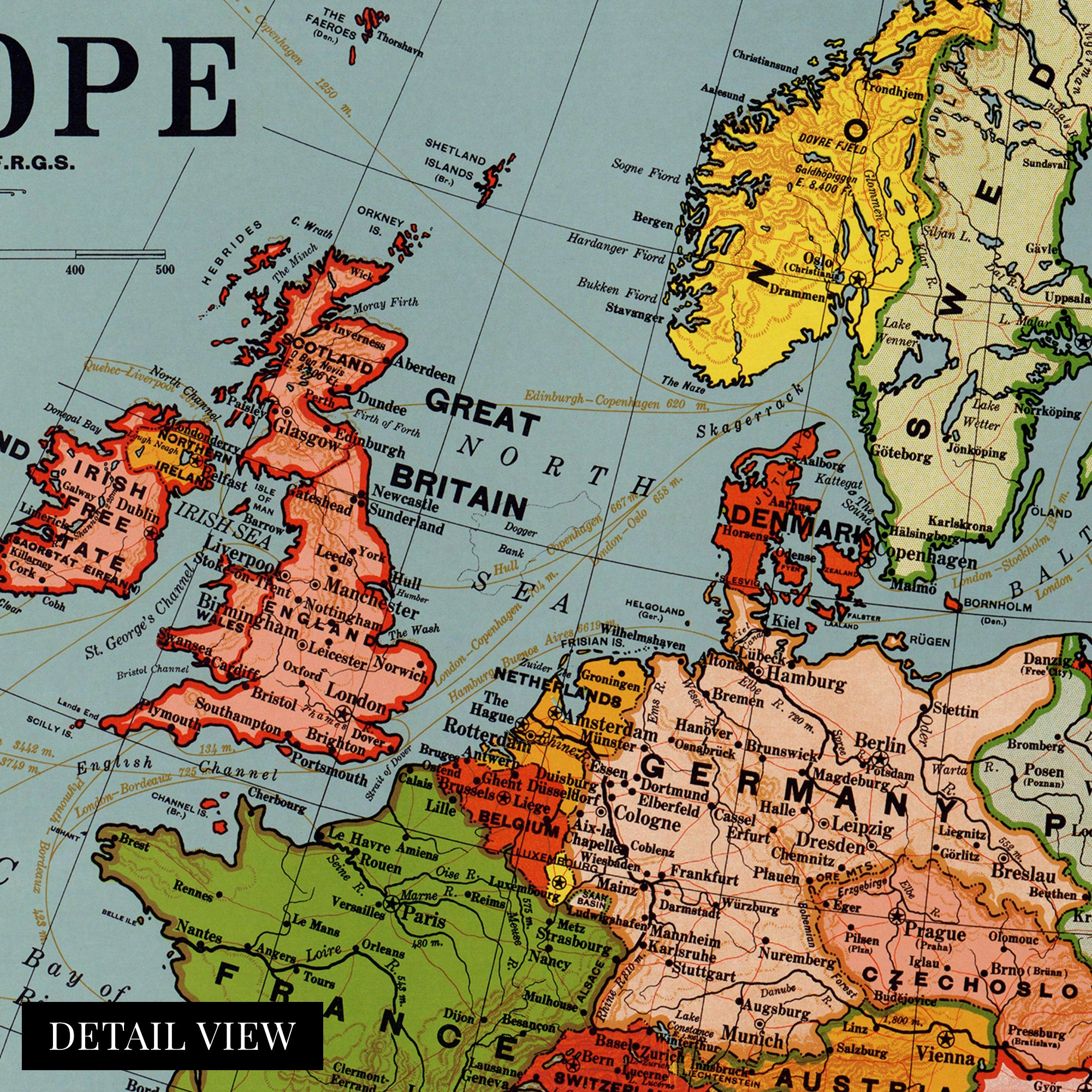 1925 Map 1925 Standard Map of Europe with Time Zones Canvas Wall Art – Historic ...