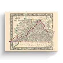 Load image into Gallery viewer, Digitally Restored and Enhanced 1863 Virginia &amp; West Virginia Map Canvas - Canvas Wrap Vintage Virginia Wall Map History - Old West Virginia Wall Art
