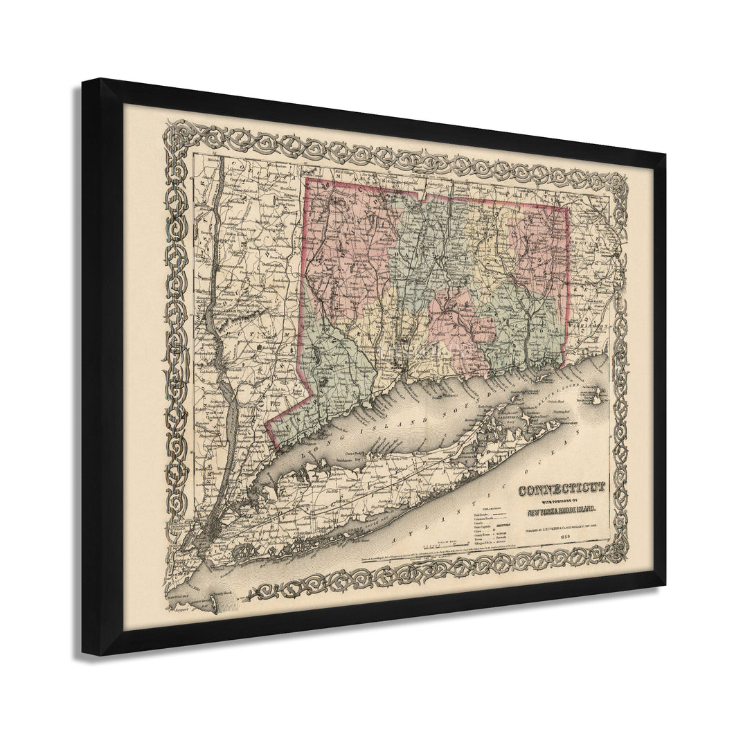 Digitally Restored and Enhanced 1859 Connecticut Map Art - Framed Vintage Wall Map of Connecticut Poster - Old Connecticut Wall Art - Restored Connecticut State Map Print