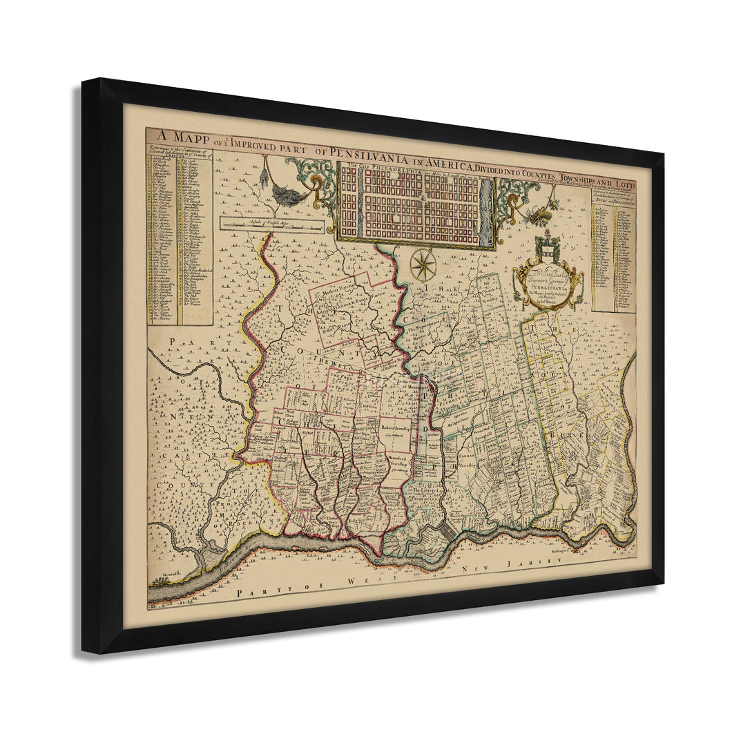 Digitally Restored and Enhanced 1687 Map of Pennsylvania Poster - Framed Vintage Pennsylvania Map - Old Pennsylvania Wall Art - Restored Pennsylvania Map of Philadelphia Region
