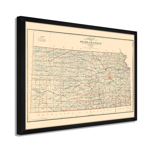 Digitally Restored and Enhanced 1898 Map of Kansas Poster - Framed Vintage Kansas Map Poster - Old Kansas Wall Art - Restored Kansas State Map - Historic State of Kansas Wall Map