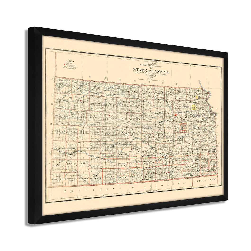 Digitally Restored and Enhanced 1898 Map of Kansas Poster - Framed Vintage Kansas Map Poster - Old Kansas Wall Art - Restored Kansas State Map - Historic State of Kansas Wall Map