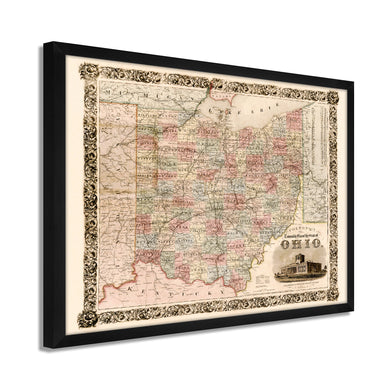 Digitally Restored and Enhanced 1851 Ohio Map Poster - Framed Vintage Map of Ohio Wall Art - Old Map of Ohio Poster - Historic Colton's Township Map of the State of Ohio Wall Map