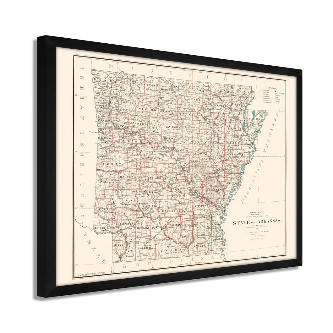 Digitally Restored and Enhanced 1886 Arkansas State Map Poster - Framed Vintage Map of Arkansas Wall Art - Historic AR Map Print - Restored Arkansas Wall Map from General Land Office