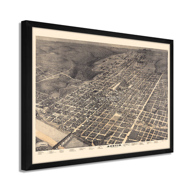 Digitally Restored and Enhanced 1887 Map of Austin Texas Poster - Framed Vintage Austin Texas Wall Art - Old City of Austin Texas Map - Bird's Eye View of Austin TX Map History