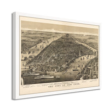 Cargar imagen en el visor de la galería, Digitally Restored and Enhanced 1886 New York City Poster Map - Framed Vintage Map of New York City Wall Art - Restored New York Map - Old Bird&#39;s Eye View of New York Poster
