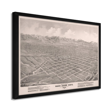 Digitally Restored and Enhanced 1875 Utah Map Poster - Framed Vintage Salt Lake City Map - Old Utah Wall Map - Restored Utah Wall Art - Bird's Eye View of Salt Lake City Utah Poster