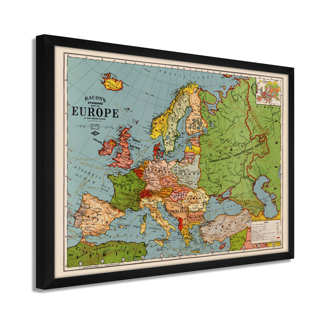 Digitally Restored and Enhanced 1925 Europe Map Poster - Framed Vintage Map of Europe - Old Map of Europe Wall Art - Restored Europe Wall Map - Bacon's Standard Poster Map Of Europe