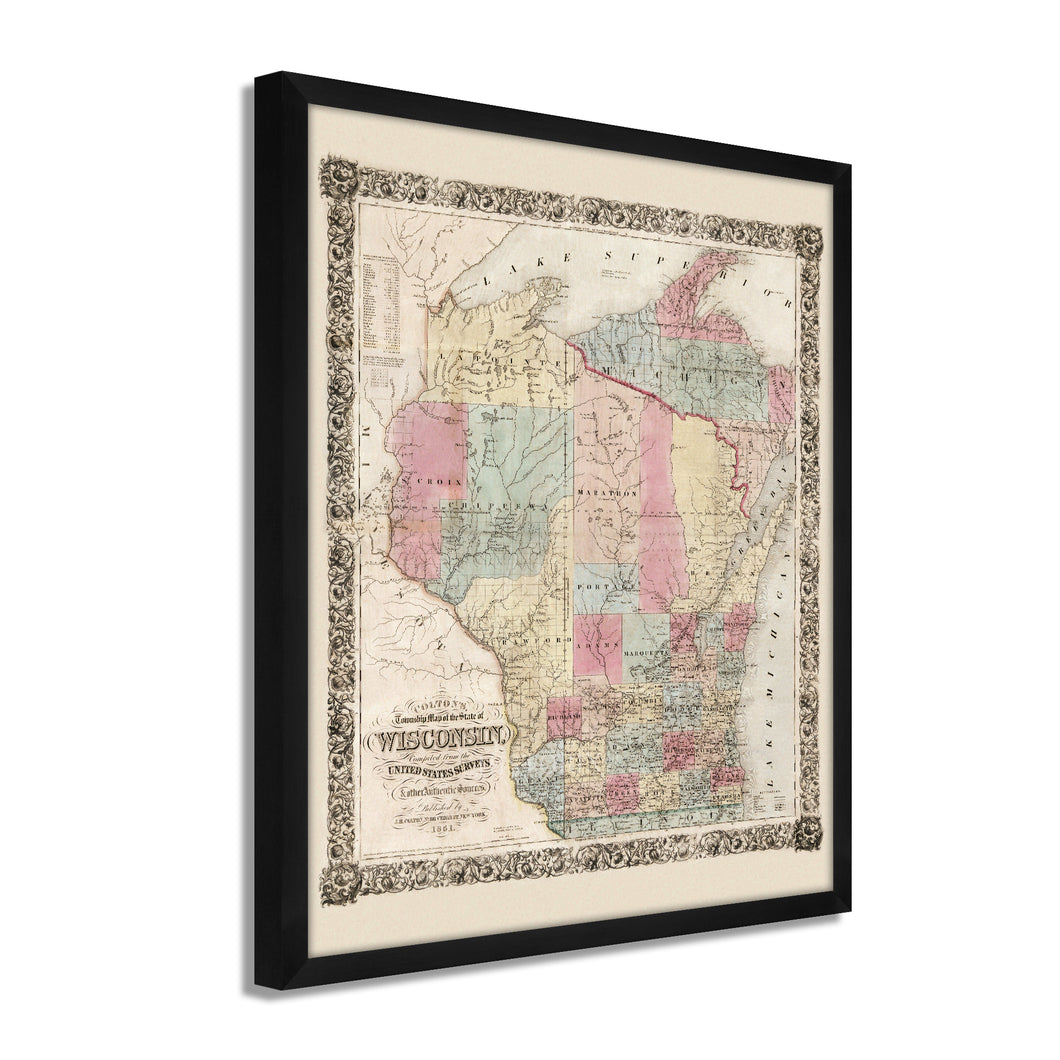Digitally Restored and Enhanced 1851 Wisconsin State Map - Framed Vintage Wisconsin Map - Old Map of Wisconsin Wall Art - Restored Township Map of the State of Wisconsin Wall Map