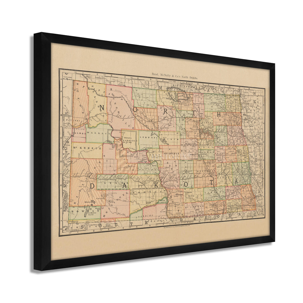 Digitally Restored and Enhanced 1892 North Dakota Map Poster - Framed Vintage State of North Dakota Wall Art - History Map of North Dakota -  Old Bismarck North Dakota State Map