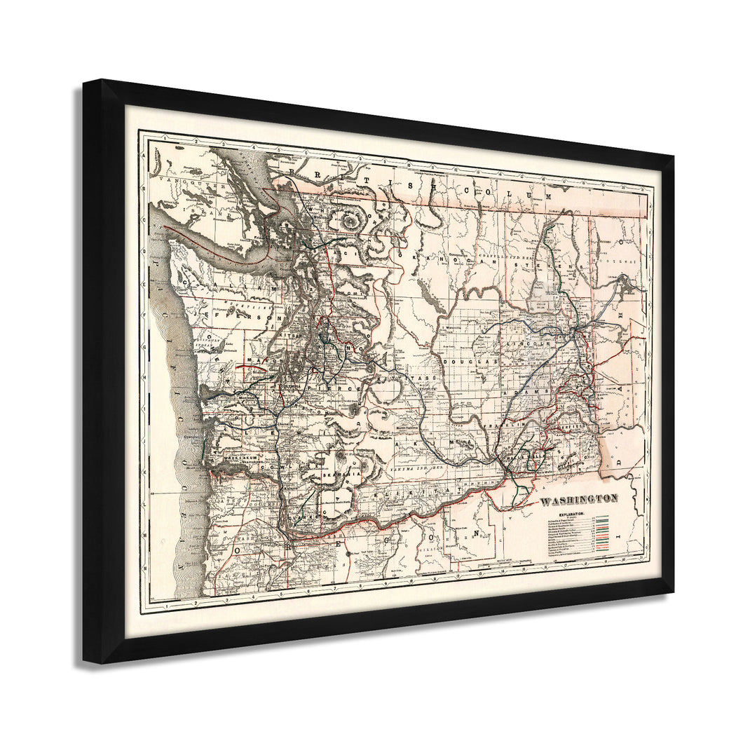 Digitally Restored and Enhanced 1888 Washington State Map Poster - Framed Vintage Washington Map - Old WA State Map - Restored Township & Railroad Map of Washington State Poster