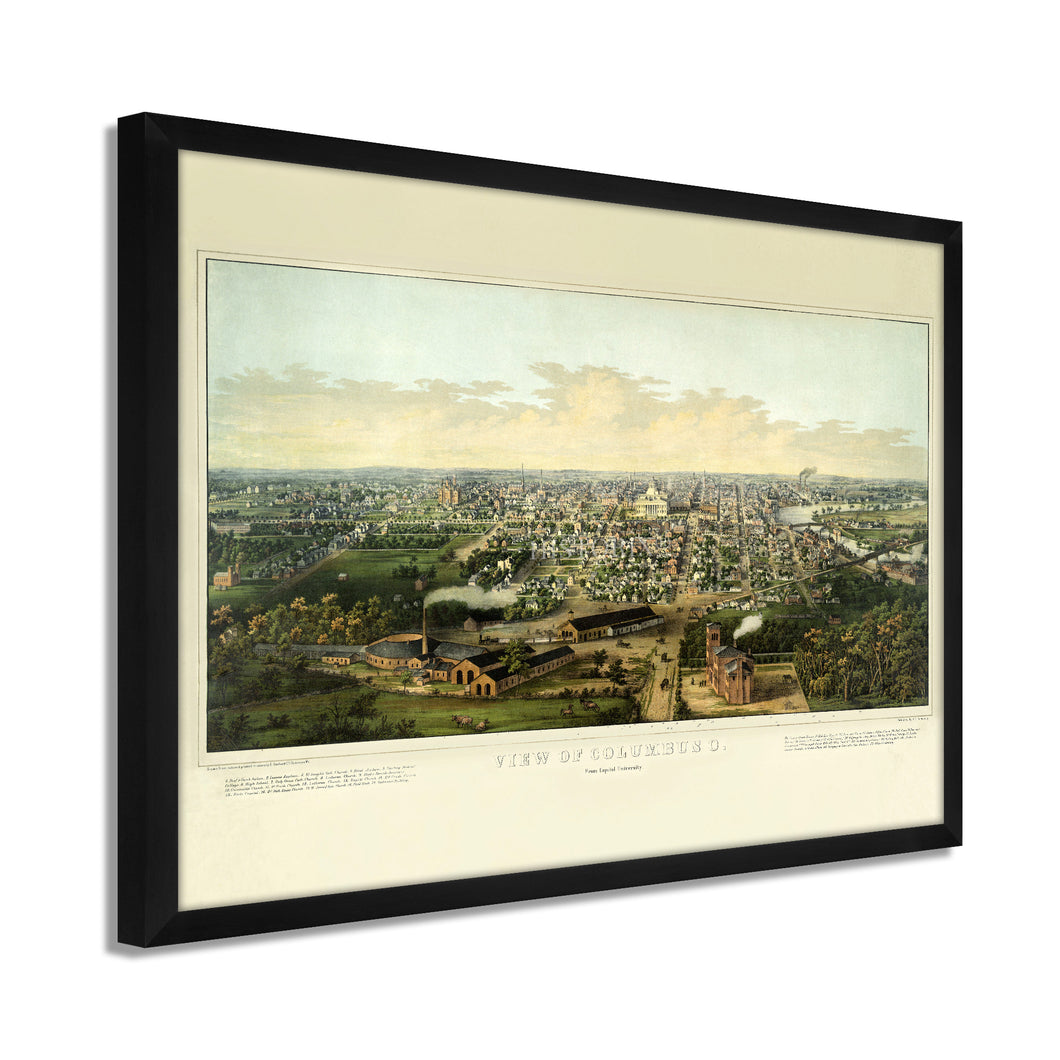 Digitally Restored and Enhanced 1867 Columbus Ohio Map - Framed Vintage Columbus Map Print - History Map of Columbus Ohio Wall Art - View of Columbus OH Map from Capitol University