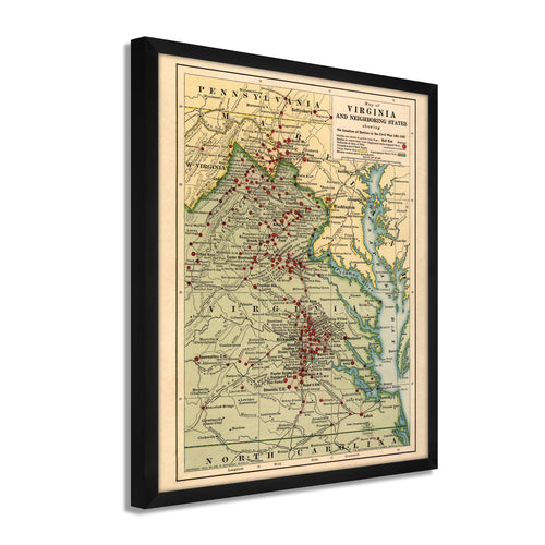 Digitally Restored and Enhanced 1912 Virginia Map Poster - Framed Vintage Virginia State Map - Old Virginia Wall Art - Map of Virginia Poster Showing Location of Battles in Civil War