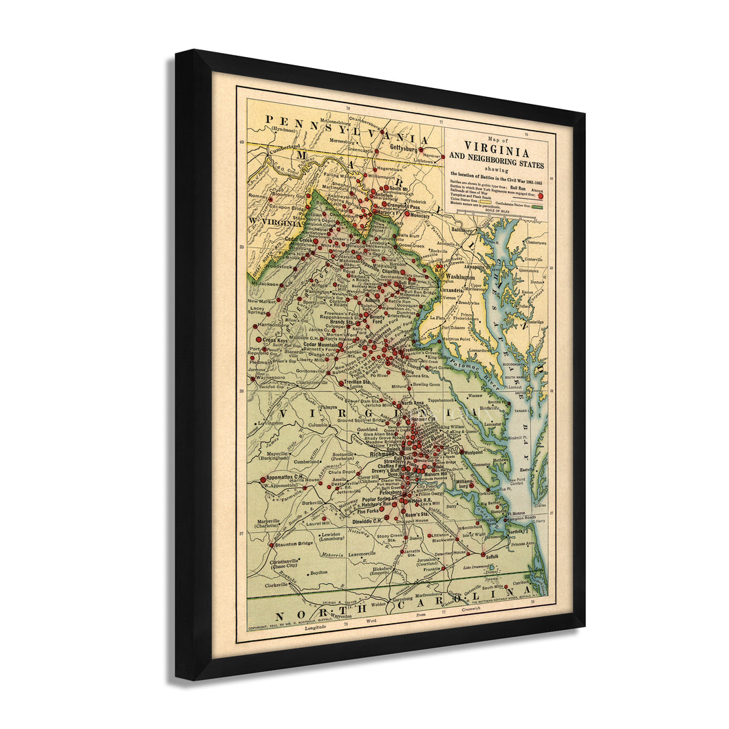 Digitally Restored and Enhanced 1912 Virginia Map Poster - Framed Vintage Virginia State Map - Old Virginia Wall Art - Map of Virginia Poster Showing Location of Battles in Civil War
