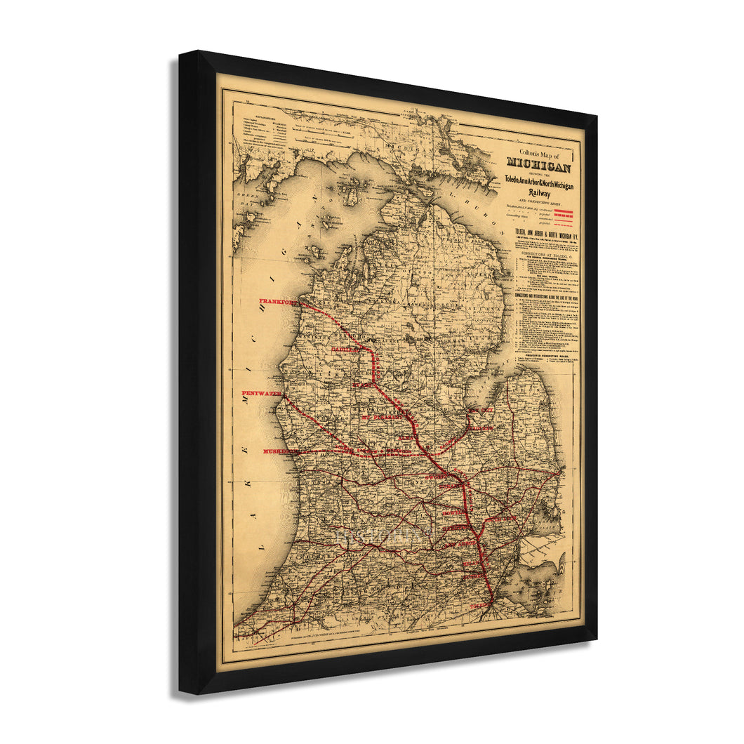 Digitally Restored and Enhanced 1886 Michigan Map Poster - Framed Vintage Map of Michigan Wall Art - Old State of Michigan Map Print - Vintage Michigan Map Showing Toledo & Ann Arbor